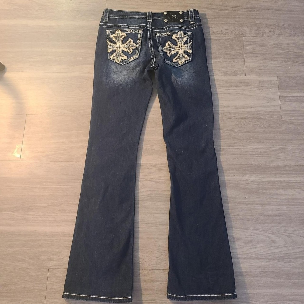 Miss Me Mid Rise Bootcut Jeans Dark Wash Cross Embroidery Size 28
